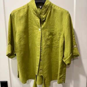 John Mark neon green linen shirt with tie bottom size L